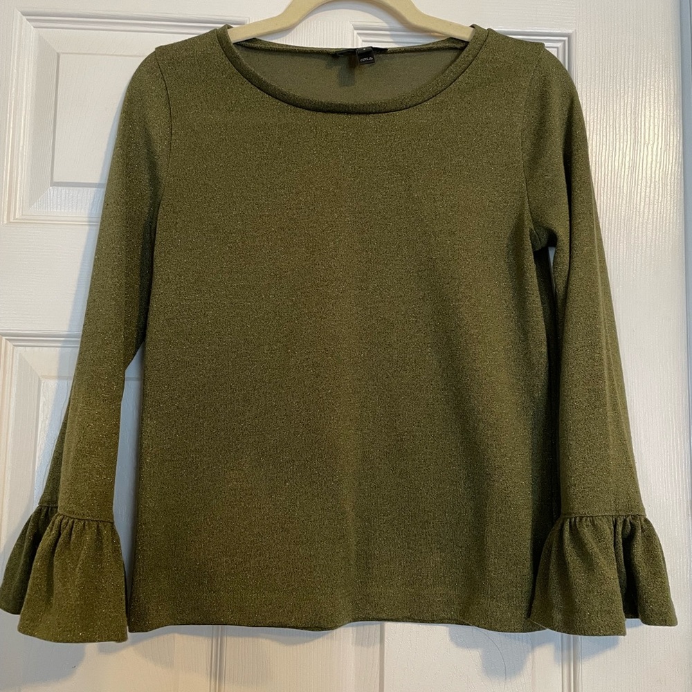 J Crew Sparkly Olive T-shirt with 3/4 Bell Sleeves Small